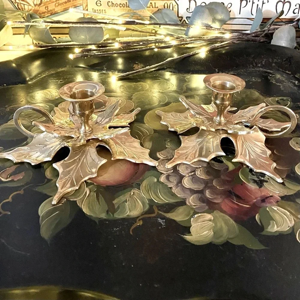 Vintage Brass Christmas Poinsettia Candle Holders 2 Set MCM Cottagecore Floral